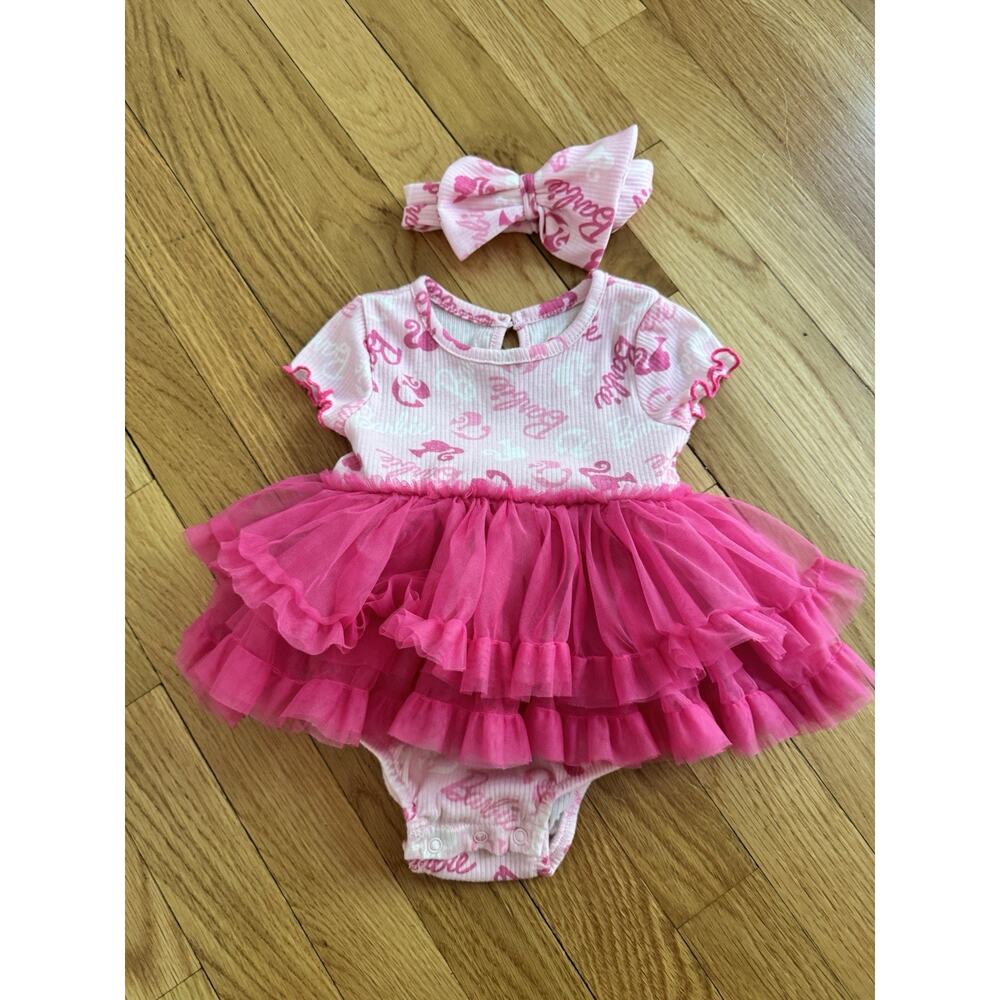 Barbie Baby Girl Tutu One Piece Pink Outfit With Headband 6-9 Months